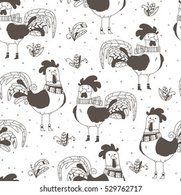 Seamless Pattern with Cute Cartoon Roosters