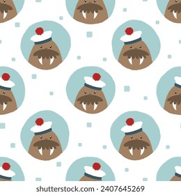 Seamless pattern with cute cartoon sailor walrus. Baby print, polka dot background