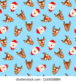 Seamless pattern of cute cartoon Santa Claus  and reindeer Rudolph on blue background. Christmas emoji. Vector illustration 
