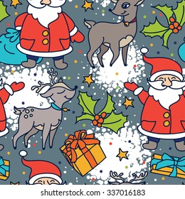 seamless pattern with cute cartoon santa and christmas deer, vector illustration