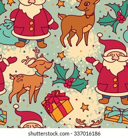 seamless pattern with cute cartoon santa and christmas deer, vector illustration