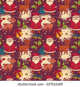 seamless pattern with cute cartoon santa and christmas deer, vector illustration