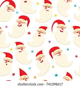 Seamless pattern with cute cartoon santa, vector illustration on white background. Illustration with different santa and stars used for magazine or book, poster and card, web pages.