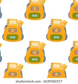 Seamless pattern with cute cartoon school backpacks in bright colors and smiling faces.
 Perfect for kids’ decor, school-themed designs, and playful stationery.
