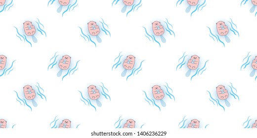 Seamless pattern with cute cartoon sea otter floating and holding clam in the sea isolated on white background. Use for printing on textiles, t-shirt, cards, wrapping paper, poster, fabric print. 