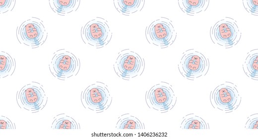 Seamless pattern with cute cartoon sea otter floating and holding clam in the sea isolated on white background. Use for printing on textiles, t-shirt, cards, wrapping paper, poster, fabric print. 