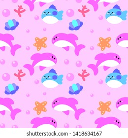 seamless pattern with cute cartoon sea fish design on pink background. whale, sea star, jelly fish and shells
