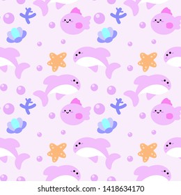 seamless pattern with cute cartoon sea fish design on pink background. whale, sea star, jelly fish and shells