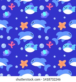 seamless pattern with cute cartoon sea fish design on blue background. whale, sea star, jelly fish and shells