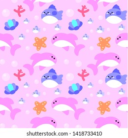 seamless pattern with cute cartoon sea fish design on pink background. whale, sea star, jelly fish and shells