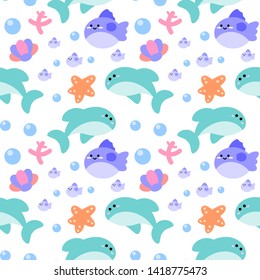 seamless pattern with cute cartoon sea fish design on white background. whale, sea star, jelly fish and shells