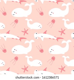 Patrón sin inconvenientes con tiernos dibujos animados animales marinos - ballena, medusas, peces estrella y tiburón. El arte puede ser usado para libros infantiles, carteles, postales. Impresión rosa