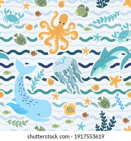 Seamless pattern with cute cartoon sea animals. Summer, beach, sea ornament. For children's design of fabrics, wallpapers, backgrounds, prints, banners, scrapbooking, postcards, cards. Vector