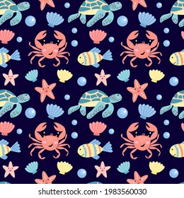 Seamless pattern with cute cartoon sea animals, vector graphics on a dark blue background. For the design of childrens wallpaper, clothing, textiles, covers, wrapping paper, packaging.