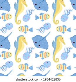 Seamless pattern with cute cartoon sea animals, vector graphics on a white background. For the design of childrens wallpaper, clothing, textiles, covers, wrapping paper, packaging.