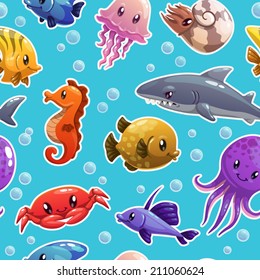Seamless pattern with cute cartoon sea animals