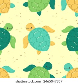 Seamless pattern with cute cartoon sea turtles on a yellow sand background. Vector summer illustration background
