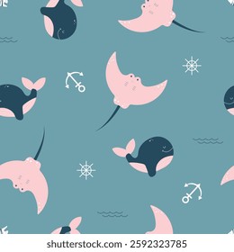 Seamless pattern with cute cartoon sea animals. 