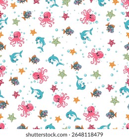 Patrón sin fisuras con animales marinos de dibujos animados lindos: delfines, pulpos, peces, estrellas de mar y burbujas. Diseño brillante y juguetón perfecto para productos para niños, telas o papel de regalo.