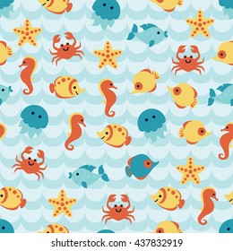 Seamless pattern with cute cartoon sea animals on blue wave background. For cards, invitations, baby shower albums, wallpapers, backgrounds, scrapbooks. Art vector Illustration.