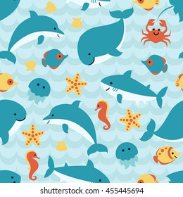 Seamless pattern with cute cartoon sea creatures on blue wave background. For cards, invitations, baby shower albums, wallpapers, backgrounds, scrapbooks. Art vector Illustration.