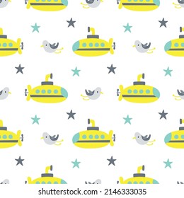 Seamless pattern with cute cartoon seagulls and submarines. Childish simple pattern with cute submarines in Scandinavian style on a white background. Vector illustration.