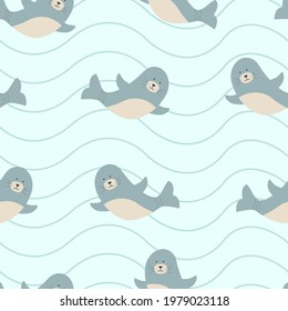 Caricatura de un juego de dibujos animados de Patrón sin Marea, ilustración vectorial de un animal marino sobre un fondo marino con olas.