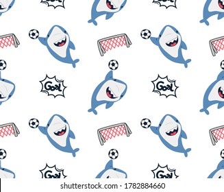 Seamless pattern, Cute cartoon shark goalkeeper jumping to catch a soccer ball isolated on white background illustration vector, for t-shirt print.