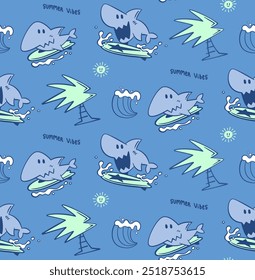 Seamless pattern, Cute cartoon shark surfing with surfboard on blue background illustration vector.