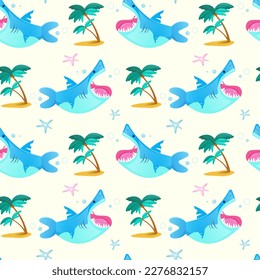 Seamless pattern with cute cartoon sharks and palm trees
