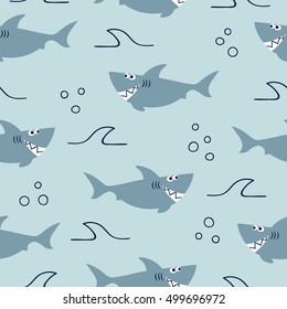 Seamless pattern with cute cartoon sharks. Vector kids background. 