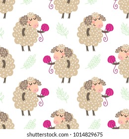 Seamless pattern with cute cartoon sheep vector illustration