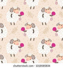 Seamless pattern with cute cartoon sheep vector illustration