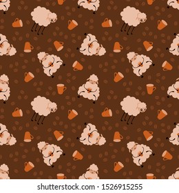 Seamless pattern with cute cartoon sheep drinking coffee. Flat vector illustration.