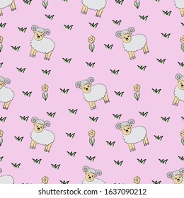 Seamless pattern with cute cartoon sheep. Vector.
