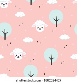 Seamless pattern with cute cartoon sheep and tree for fabric print, textile, gift wrapping paper. colorful vector for kids, flat style
