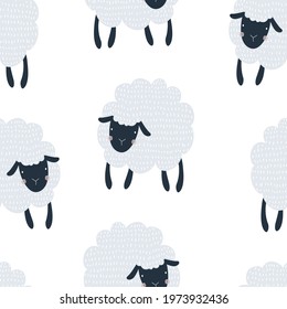 Seamless pattern with cute cartoon sheep on white background. Vector illustration for printing on fabric, packaging paper, postcard, poster. Cute baby background.