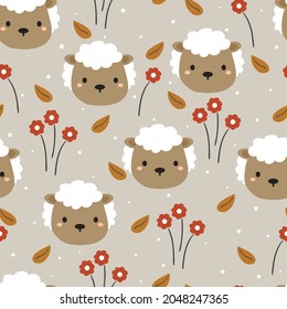 Patrón sin foco con lindas ovejas de dibujos animados y planta para impresión de tela, textil, papel de envoltura de regalo. vector colorido para textil, de estilo plano