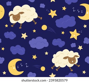 Seamless Pattern of Cute Cartoon Sheep Character Sleeping at Night Concept Background