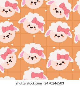 seamless pattern cute cartoon sheep wearing pink ribbon. cute animal wallpaper for textile, gift wrap paper