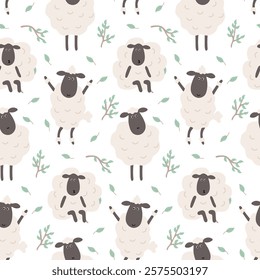 Seamless Pattern of Cute Cartoon Sheep in different poses with leaves and twigs in a Minimalist Style on a White Background