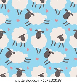 Seamless Pattern of Cute Cartoon Sheep with hearts on a blue background in a Minimalist Style