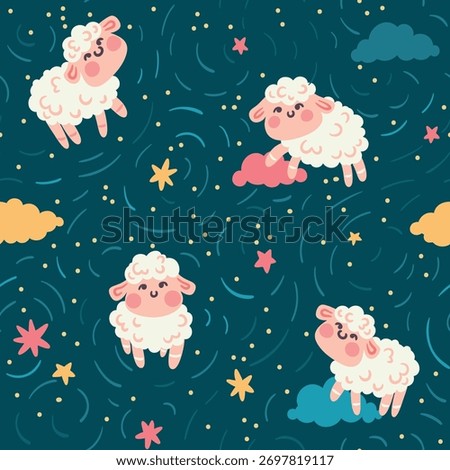 Seamless pattern of cute cartoon sheep in blue night sky. Pretty hand-drawn kids' wallpaper design, childish textile print. Little animals, lambs jump among clouds, stars, moon. Vector illustration.