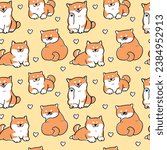 Seamless Pattern of Cute Cartoon Shiba Inu Dog and Heart Design on Yellow Background