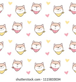 Seamless Pattern of Cute Cartoon Shiba Inu Face Design on White Background with Hearts