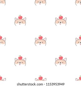 Seamless Pattern of Cute Cartoon Shiba Inu Face with Apple Design on White Background