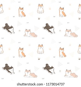 Seamless Pattern of Cute Cartoon Shiba Inu Dog Design on White Background