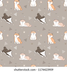 Seamless Pattern of Cute Cartoon Shiba Inu Dog Design on Brown Background