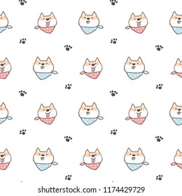 Seamless Pattern of Cute Cartoon Shiba Inu Face and Paw Design on White Background