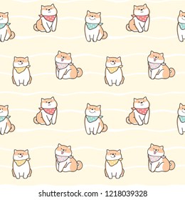 Seamless Pattern of Cute Cartoon Shiba Inu Design on Yellow Background with White Wavy Lines